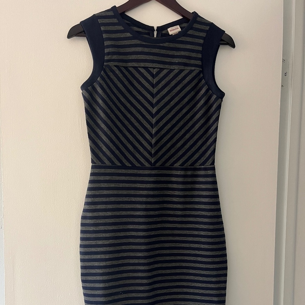 Navy & Grey Striped Bodycon Business Dress – XS